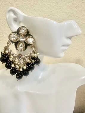 Gold-Plated Chandbali Drop Earrings w/ Black Beads & Clear Crystals